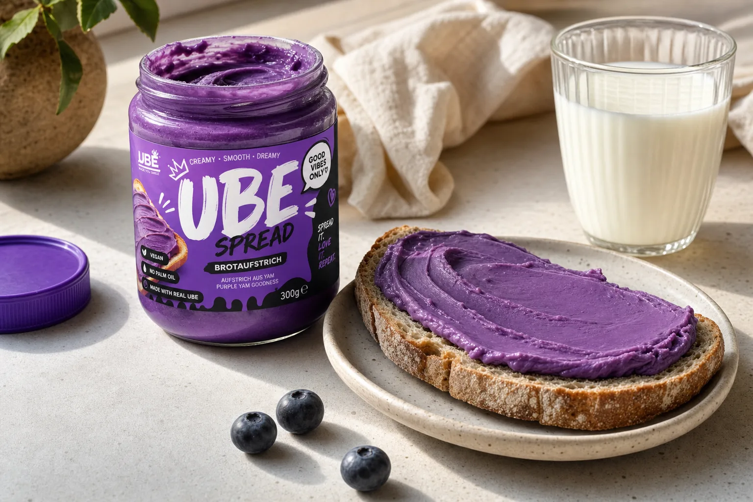Frühstückstisch mit UBE Spread auf Brot