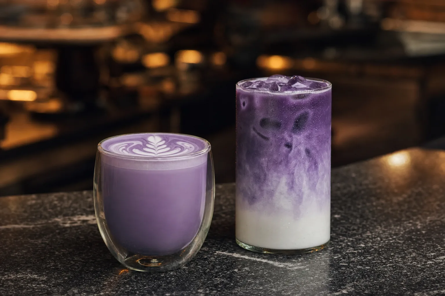 Pure Ube Latte im Glas, heiß und iced