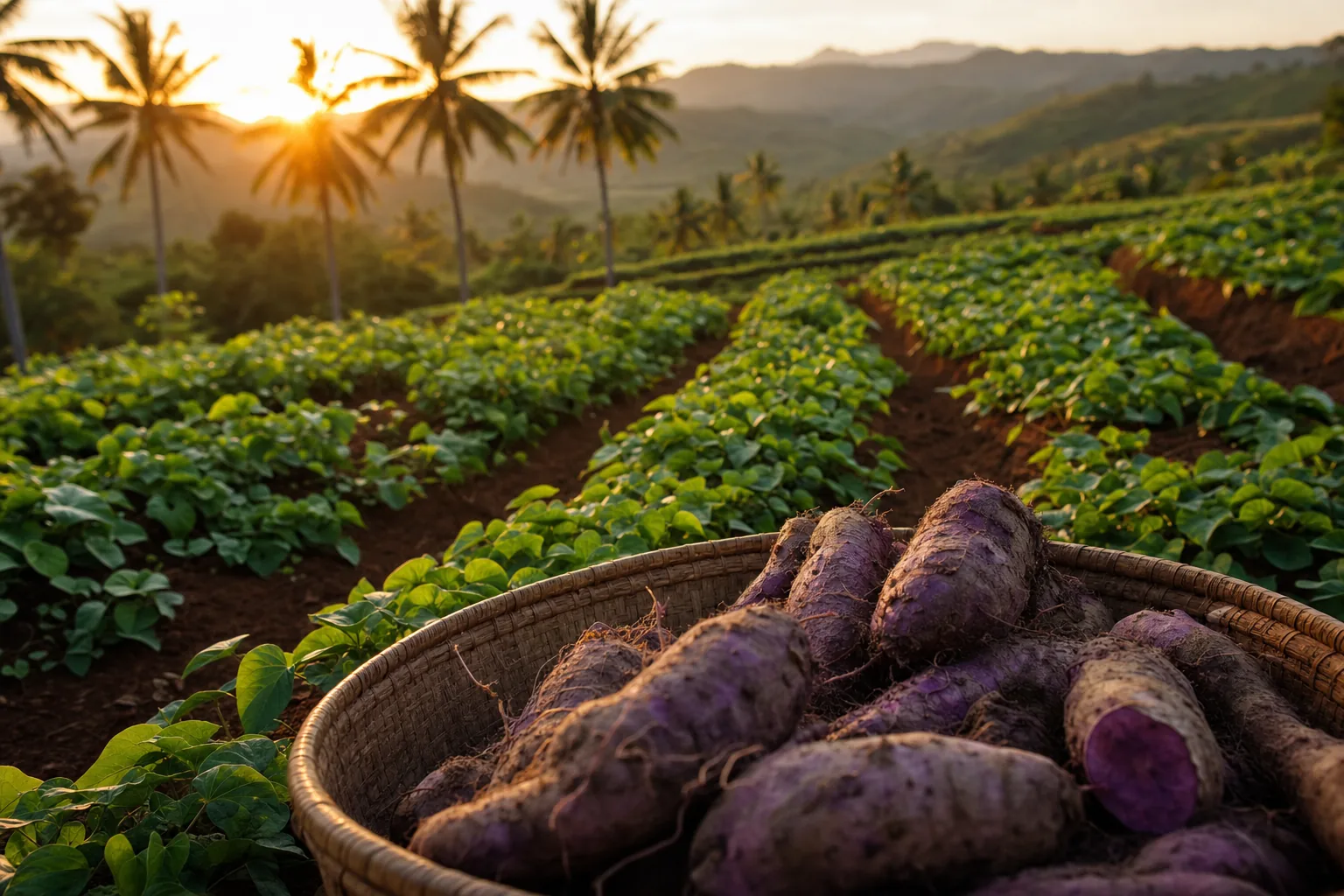 Ube-Feld auf den Philippinen bei Sonnenuntergang