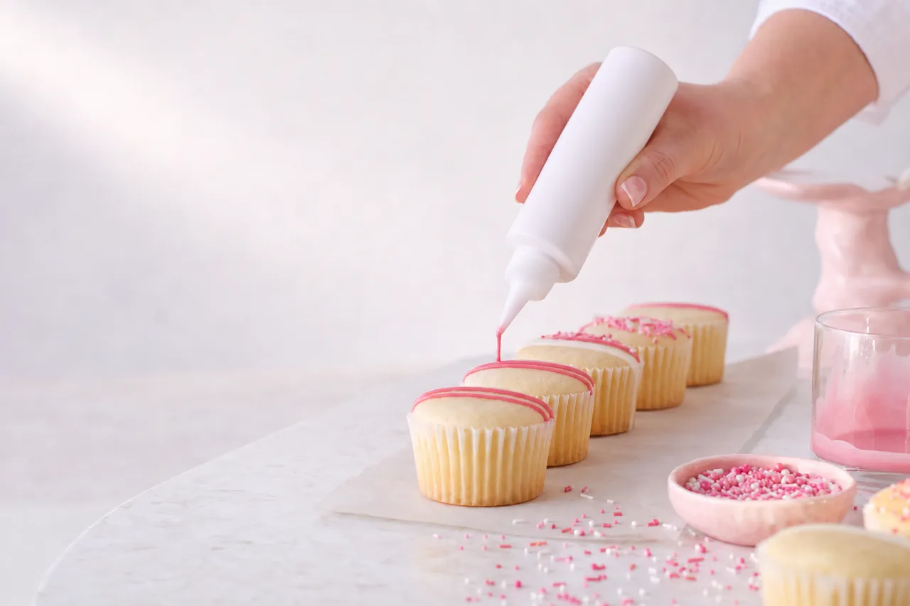 Wonder Dripz drip glaze being applied to cupcakes from the squeeze bottle